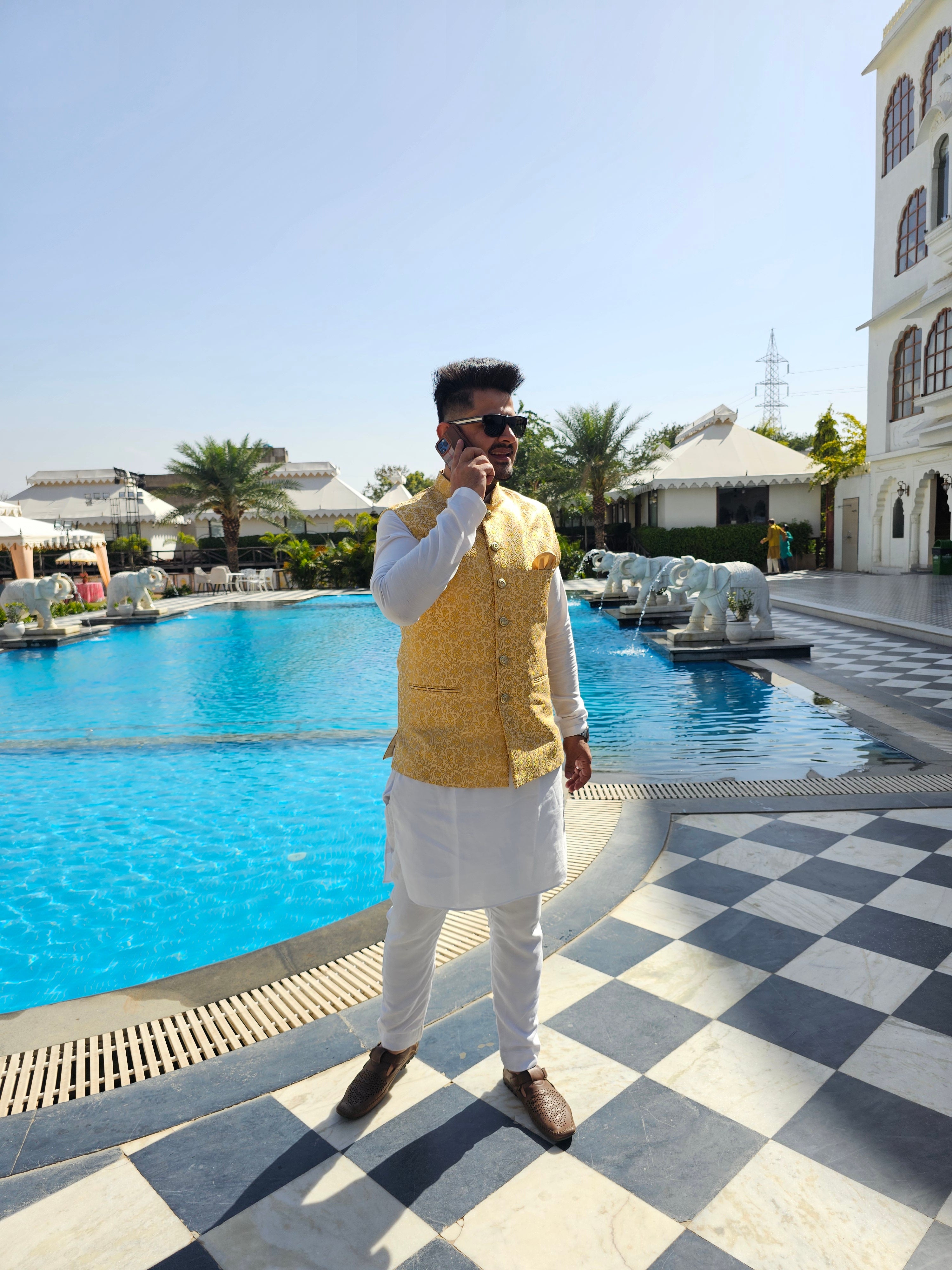 Menswear Golden Yellow Banarsi Waist Coat