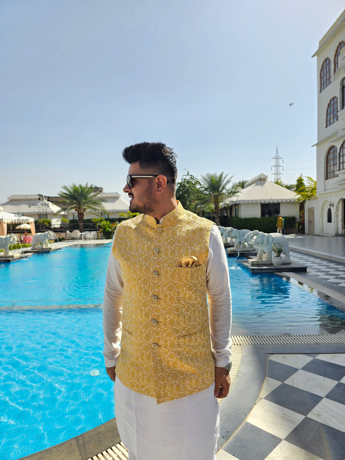 Menswear Golden Yellow Banarsi Waist Coat