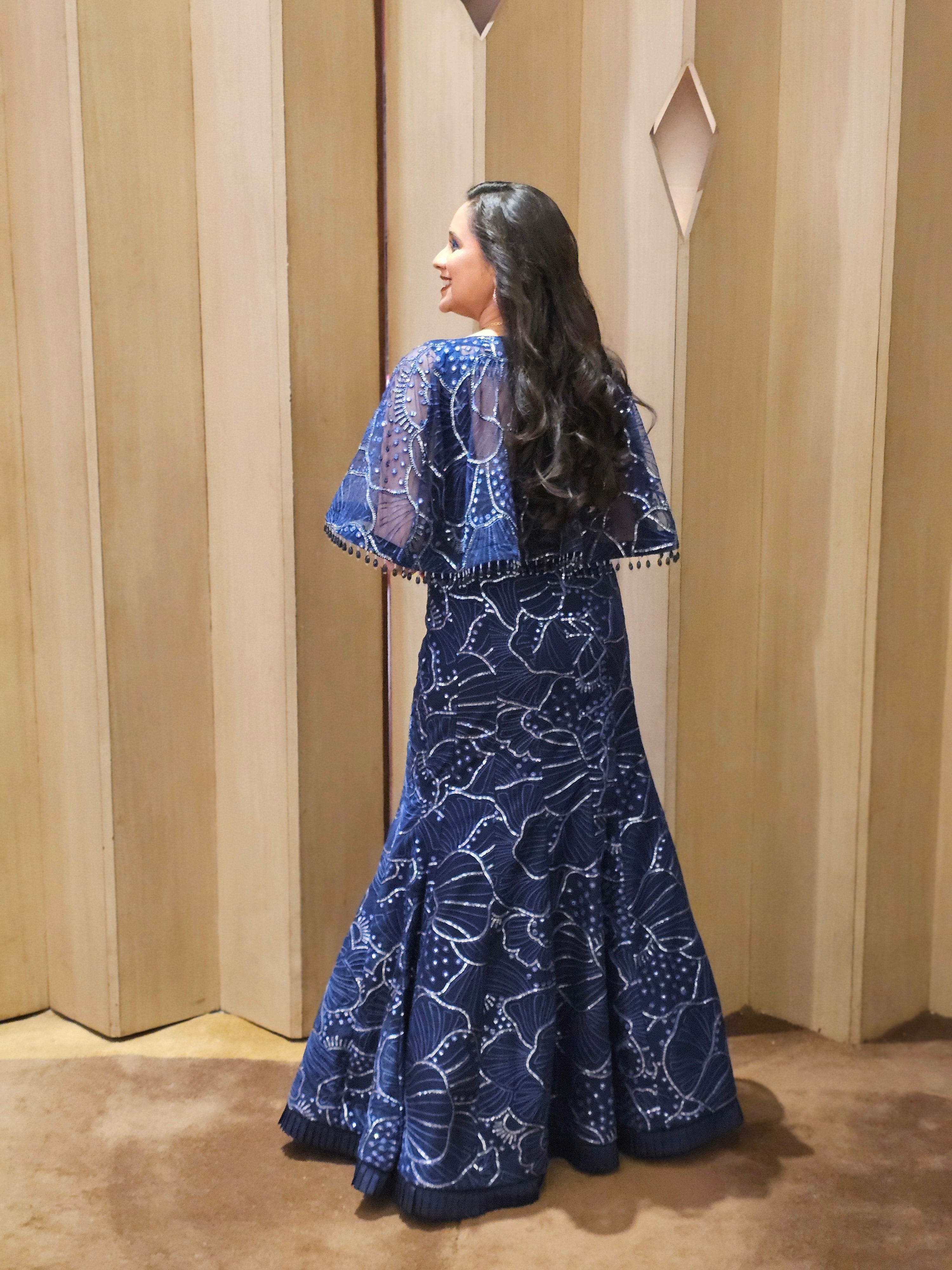 Navy Blue Fish cut gown + cape