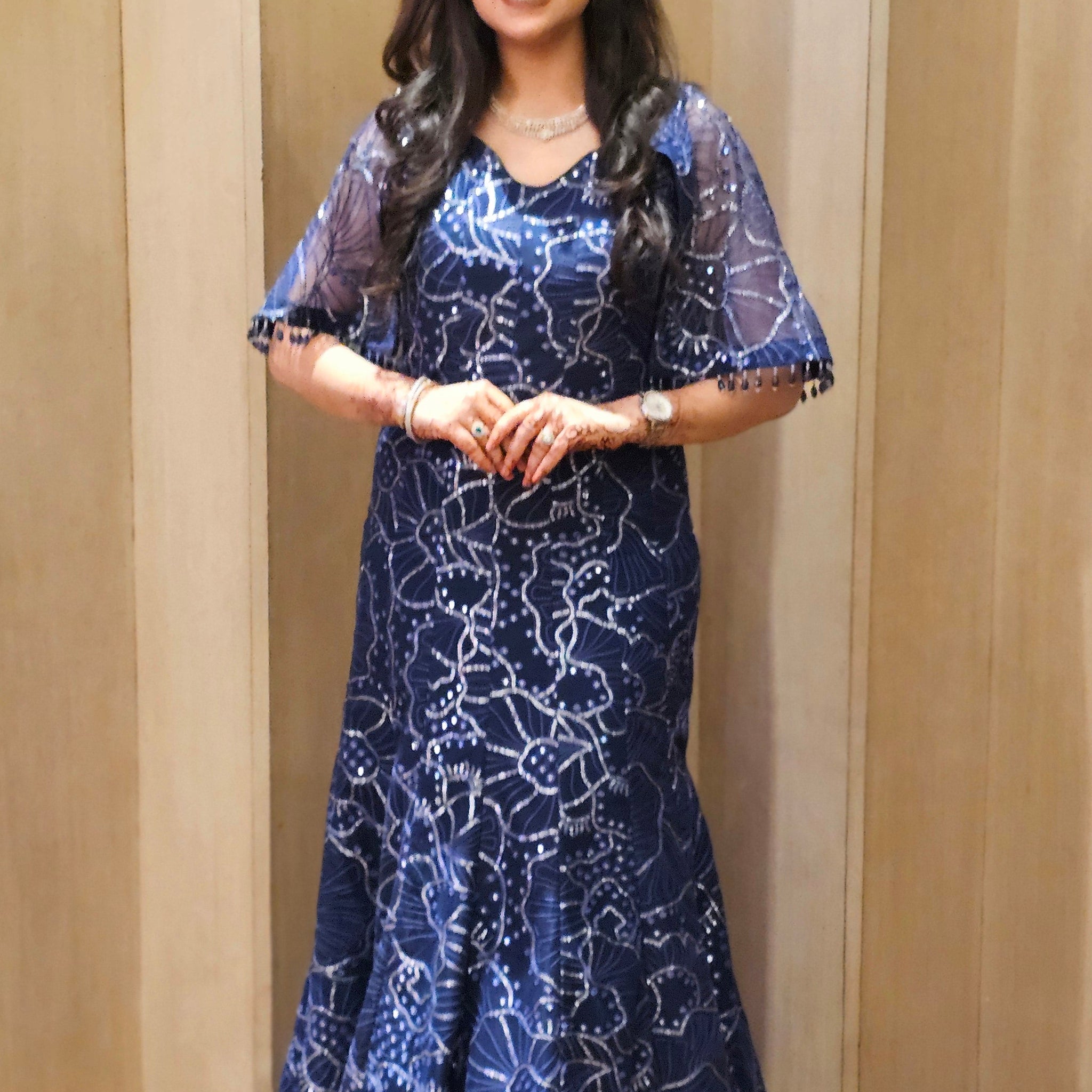 Navy Blue Fish cut gown + cape – Lakhina Couture