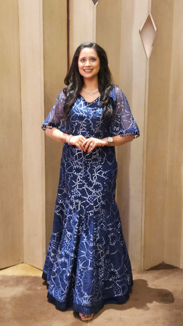 Navy Blue Fish cut gown + cape | Party Wear Gown