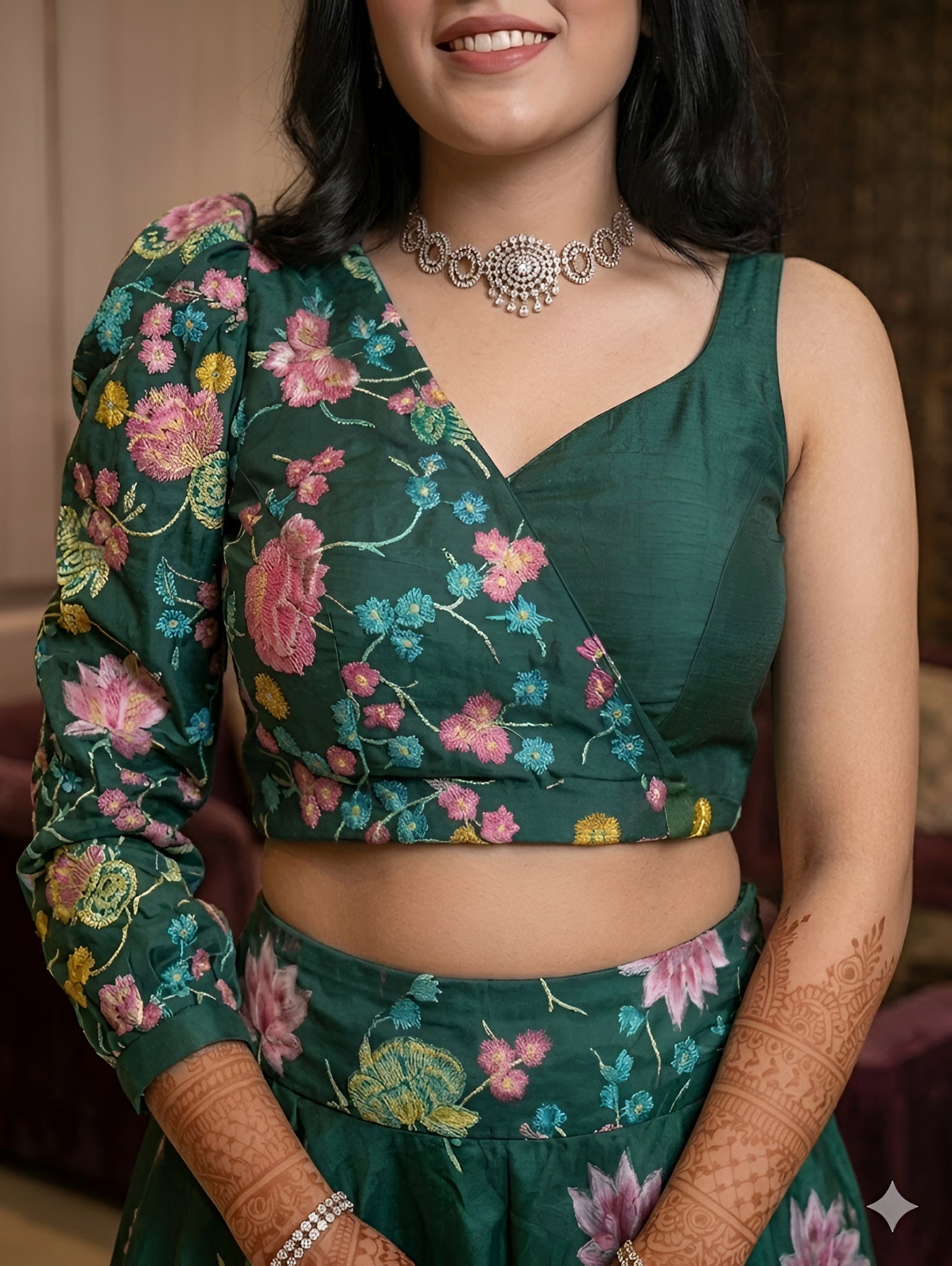 Bottle Green Handpainted Lehenga