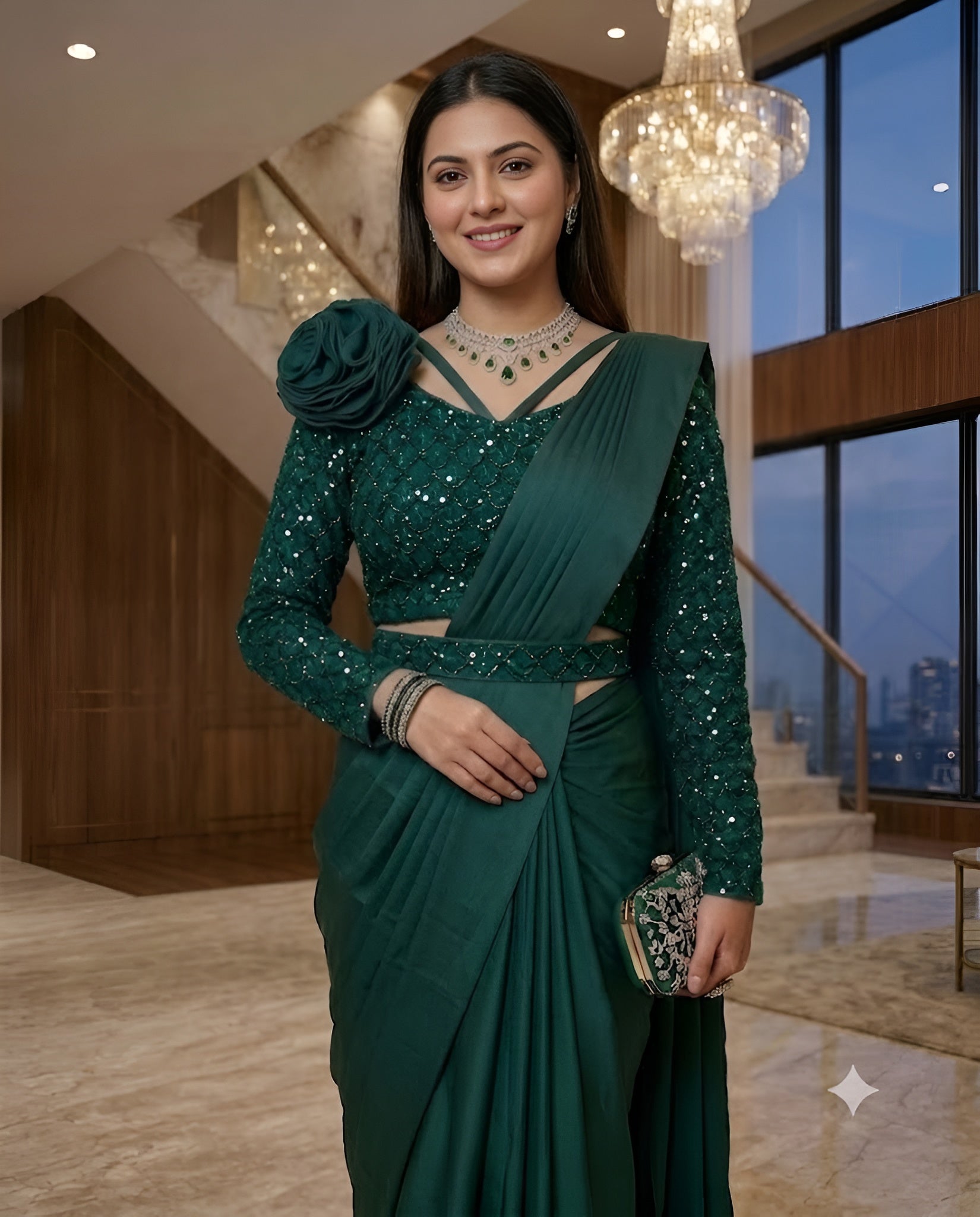 Forest Green Crepe Sequin Saree