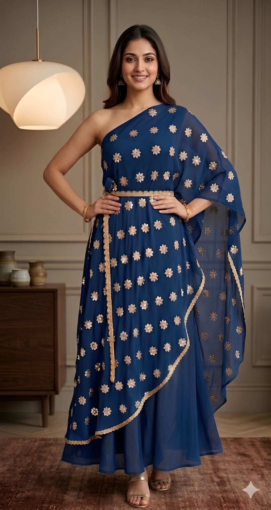 Woman wearing a blue one-shoulder dress with white floral patterns indoors.
