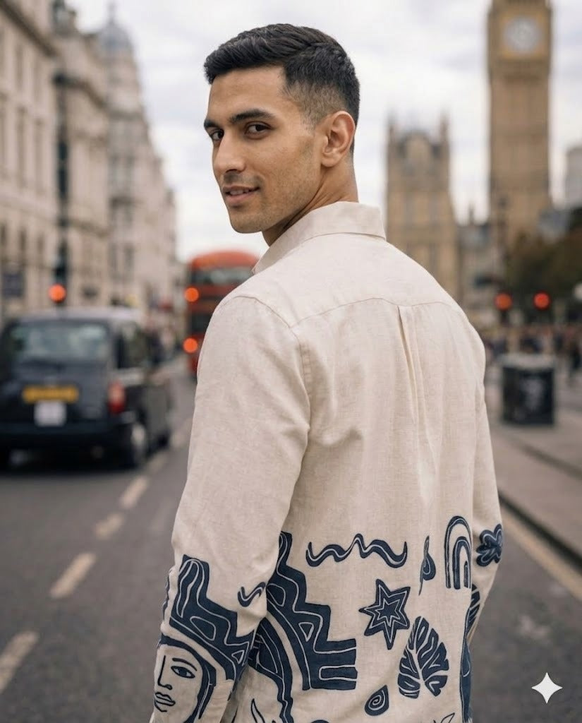 Cream Linen Shirt With Abstract Graphic Print
