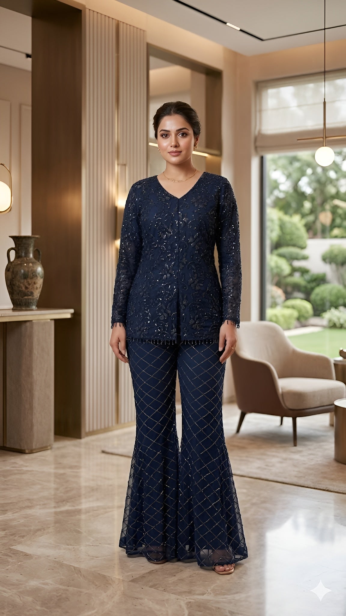 Woman in a navy blue outfit standing in a modern interior setting
