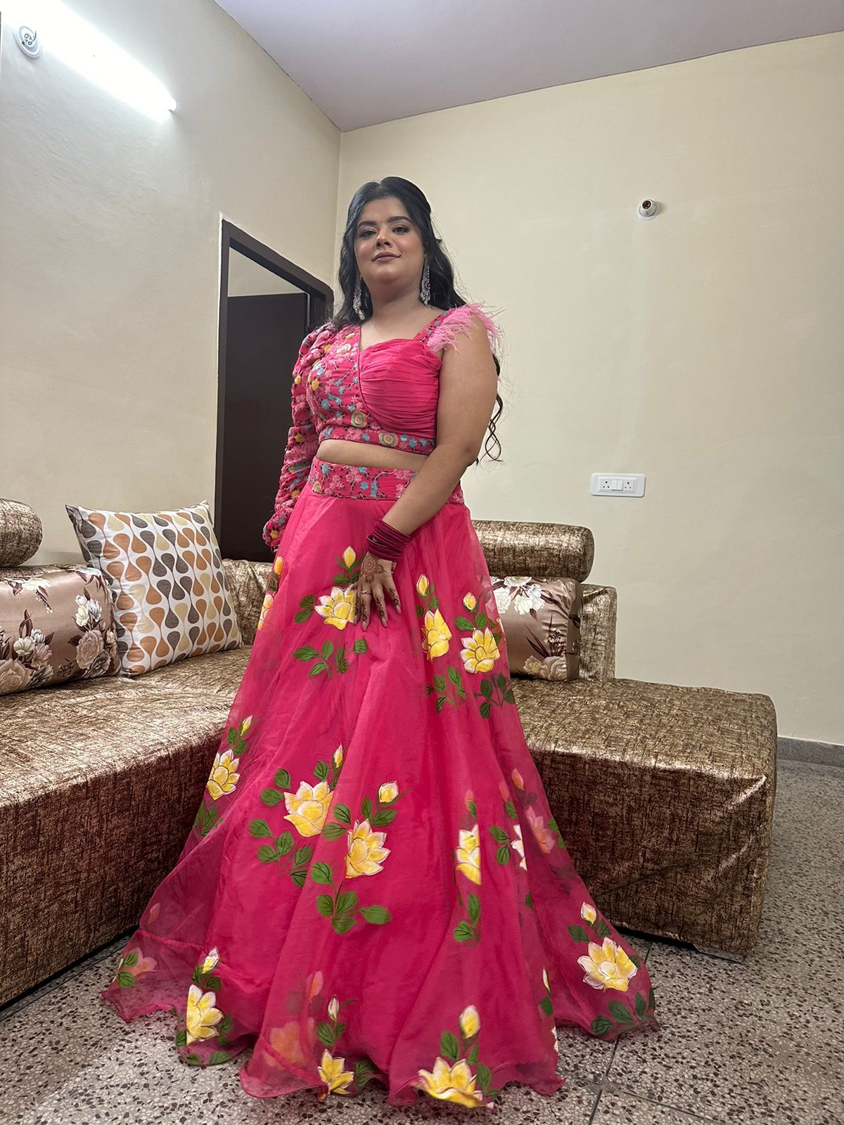 Carrot Pink Hand Painted Organza Lehenga