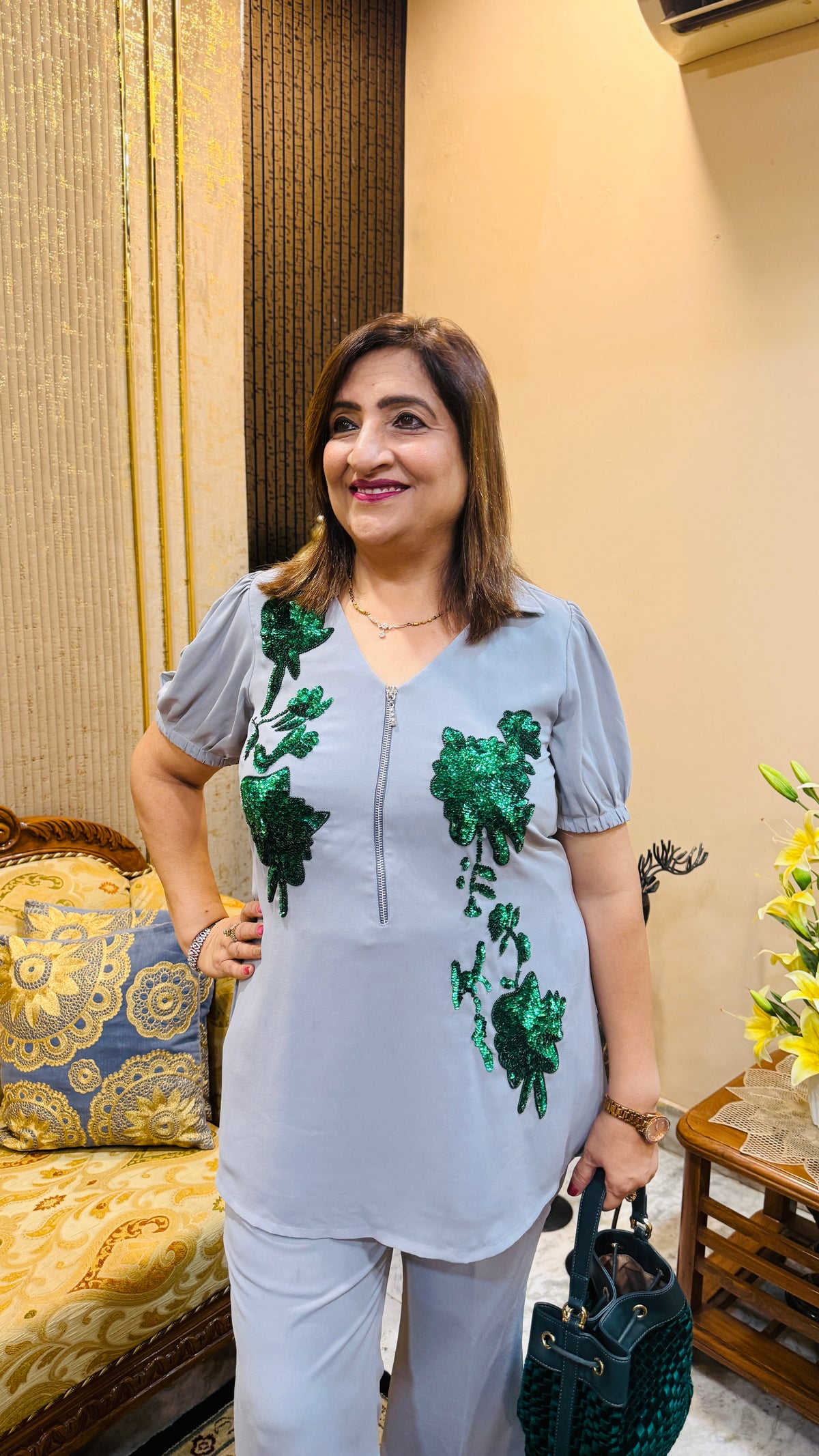 Emerald Bloom Grey Dress Set