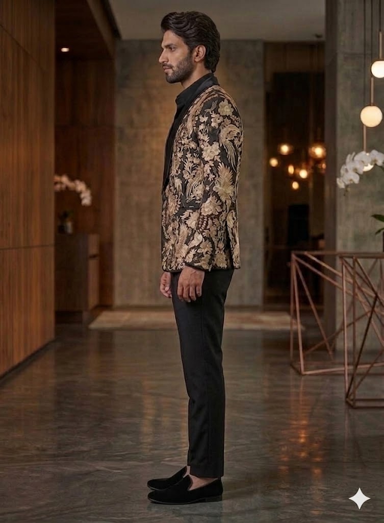 Black Gold Embroidered Shawl Lapel Suit