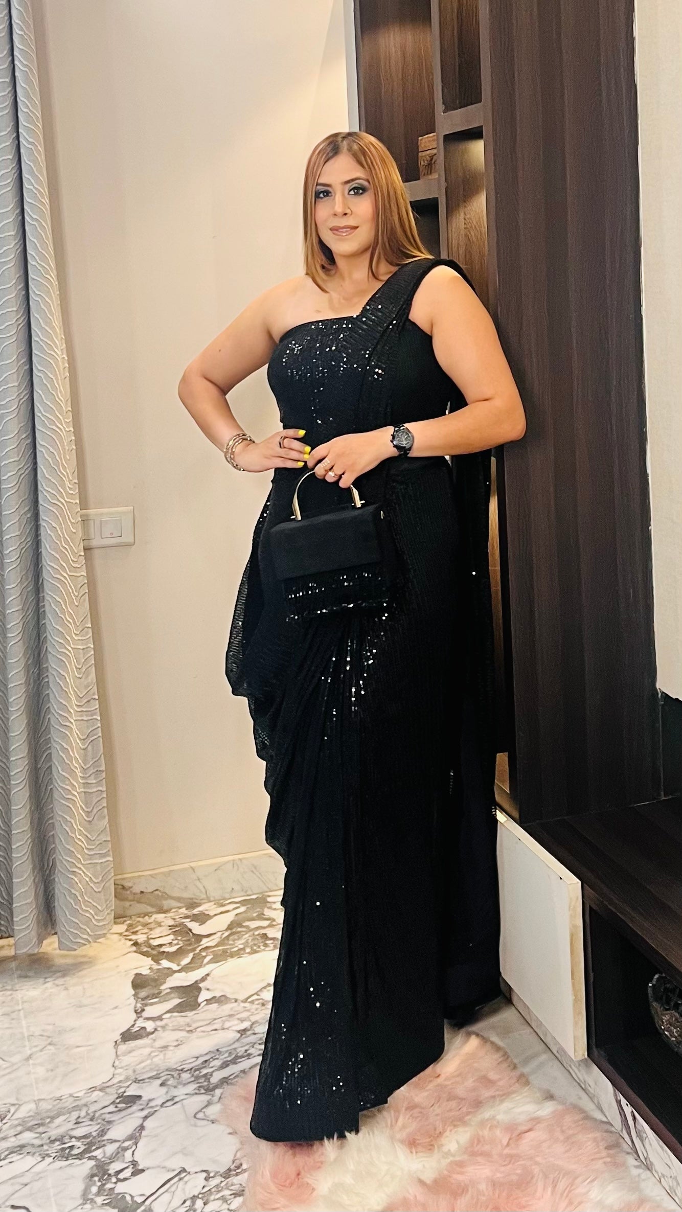Black Sequin Saree Gown
