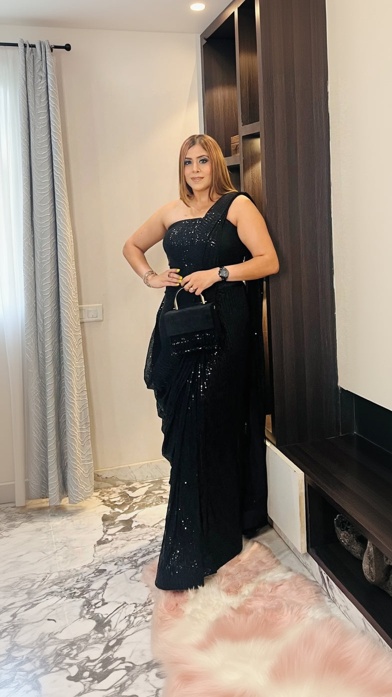 Black Sequin Saree Gown