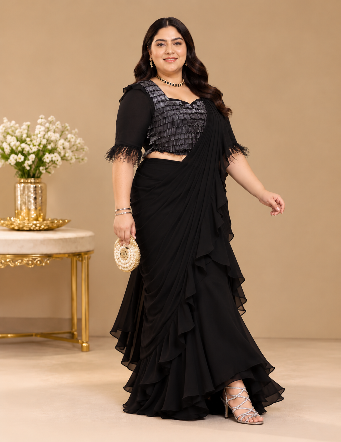 Midnight Cascade Black Ruffle Saree