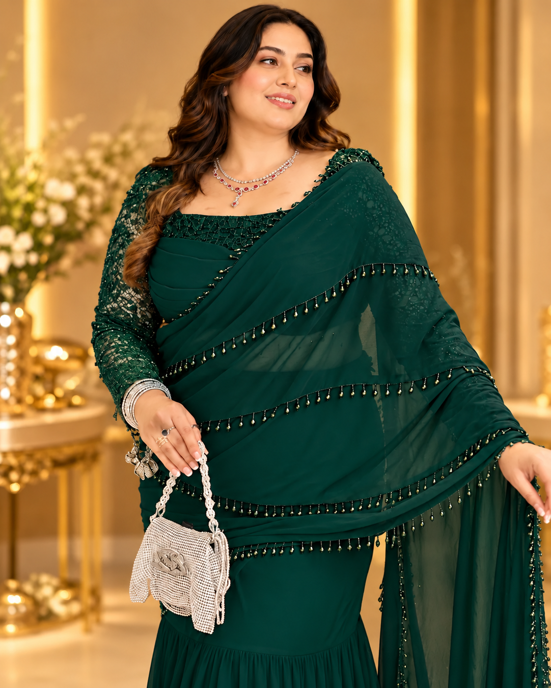 Emerald Cascade Green Ruffle Saree
