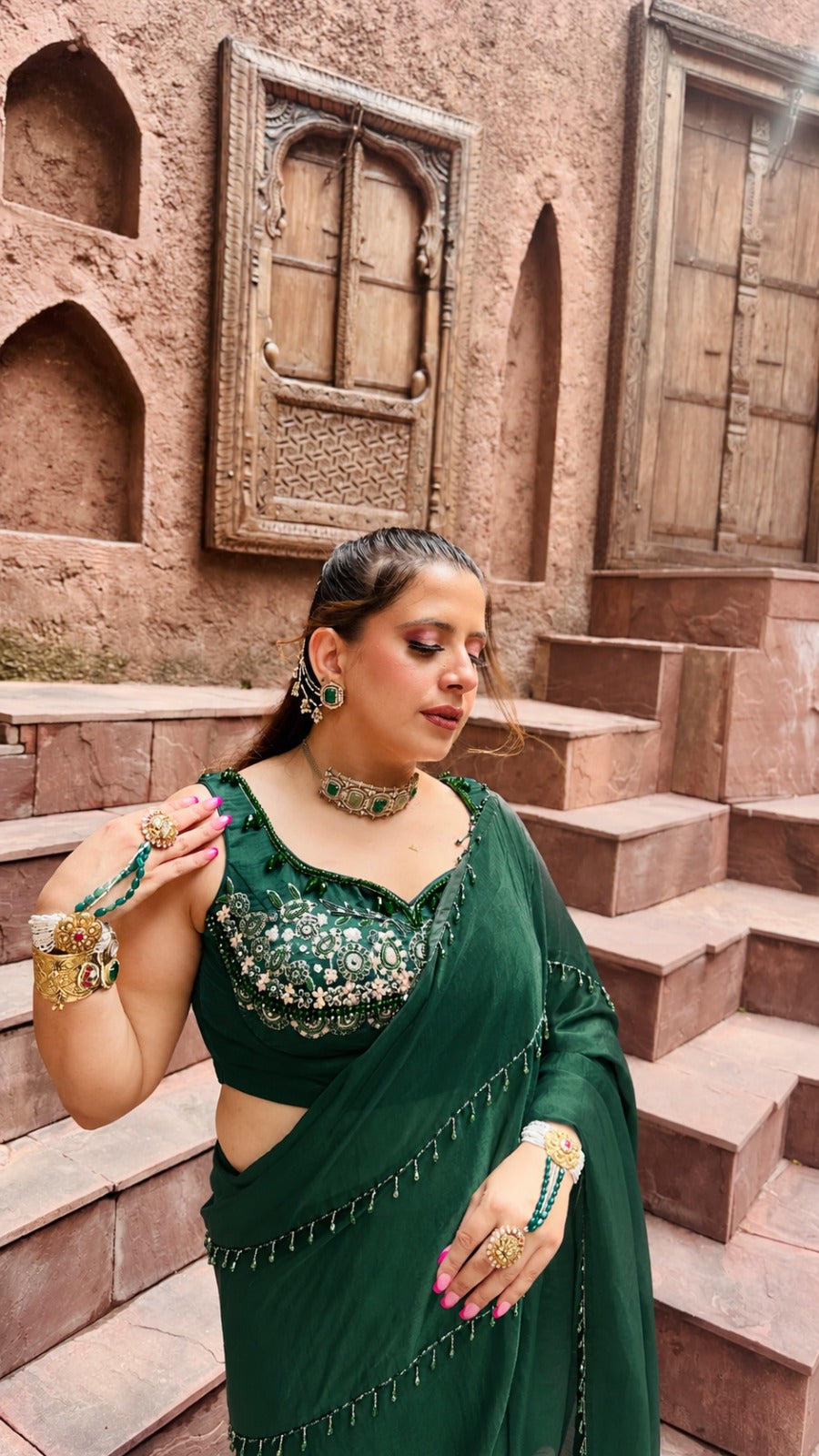 Emerald Cascade Green Shimmer Saree