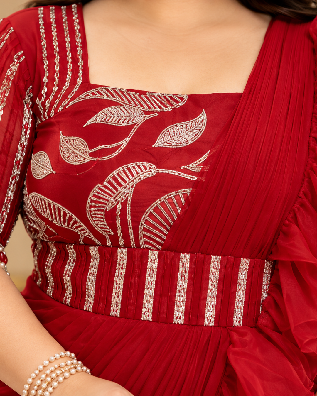 Crimson Cascade Maroon Ruffle Saree