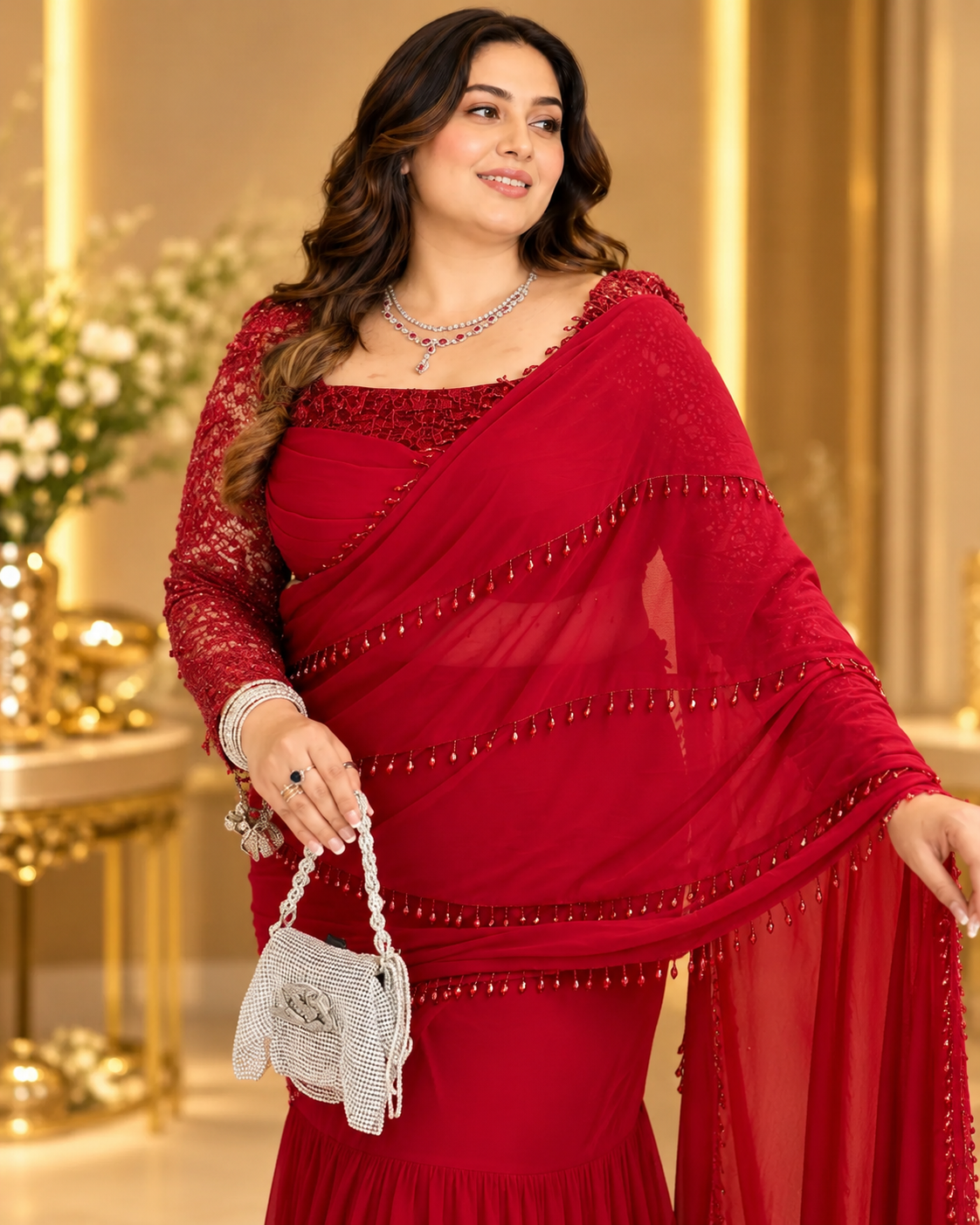 Crimson Tiers Maroon Ruffle Saree