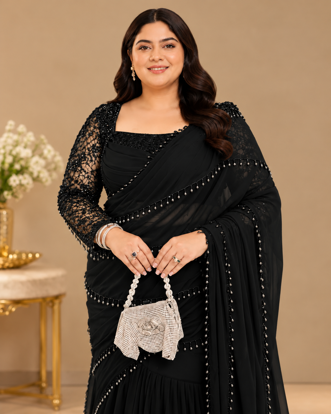 Midnight Beaded Cascade Black Saree