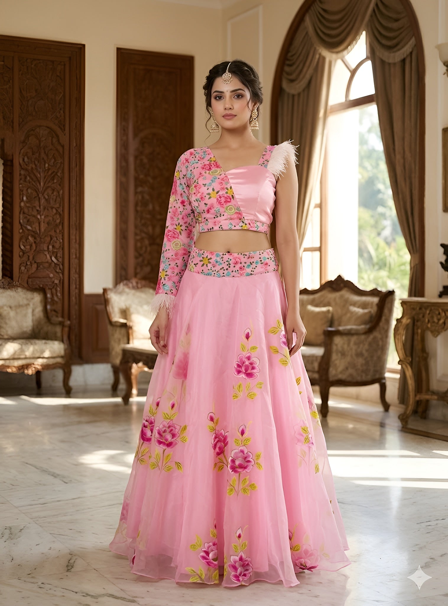 Baby Pink Hand Painted Organza Lehenga | Party Wear | Lakhina Couture - Look 4