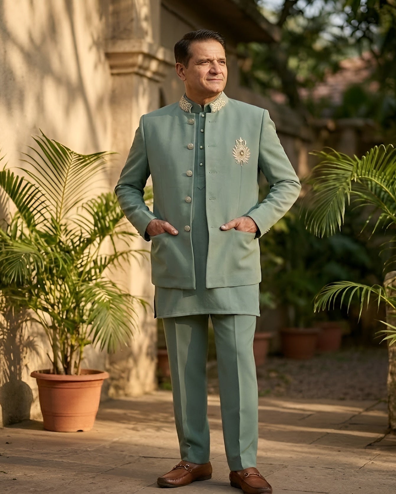 Man in a light blue traditional outfit standing in a garden with plants and a building in the background