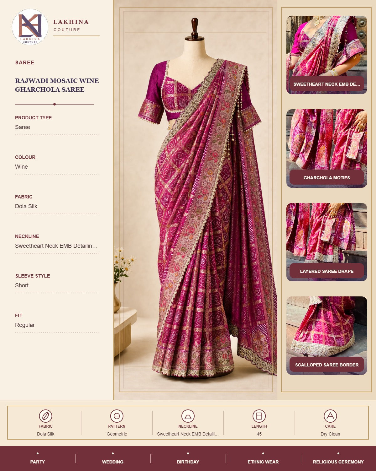 Rajwadi Mosaic Wine Gharchola Saree