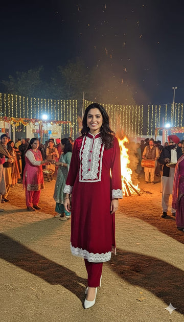 Pink Embroidered Velvet Kurti