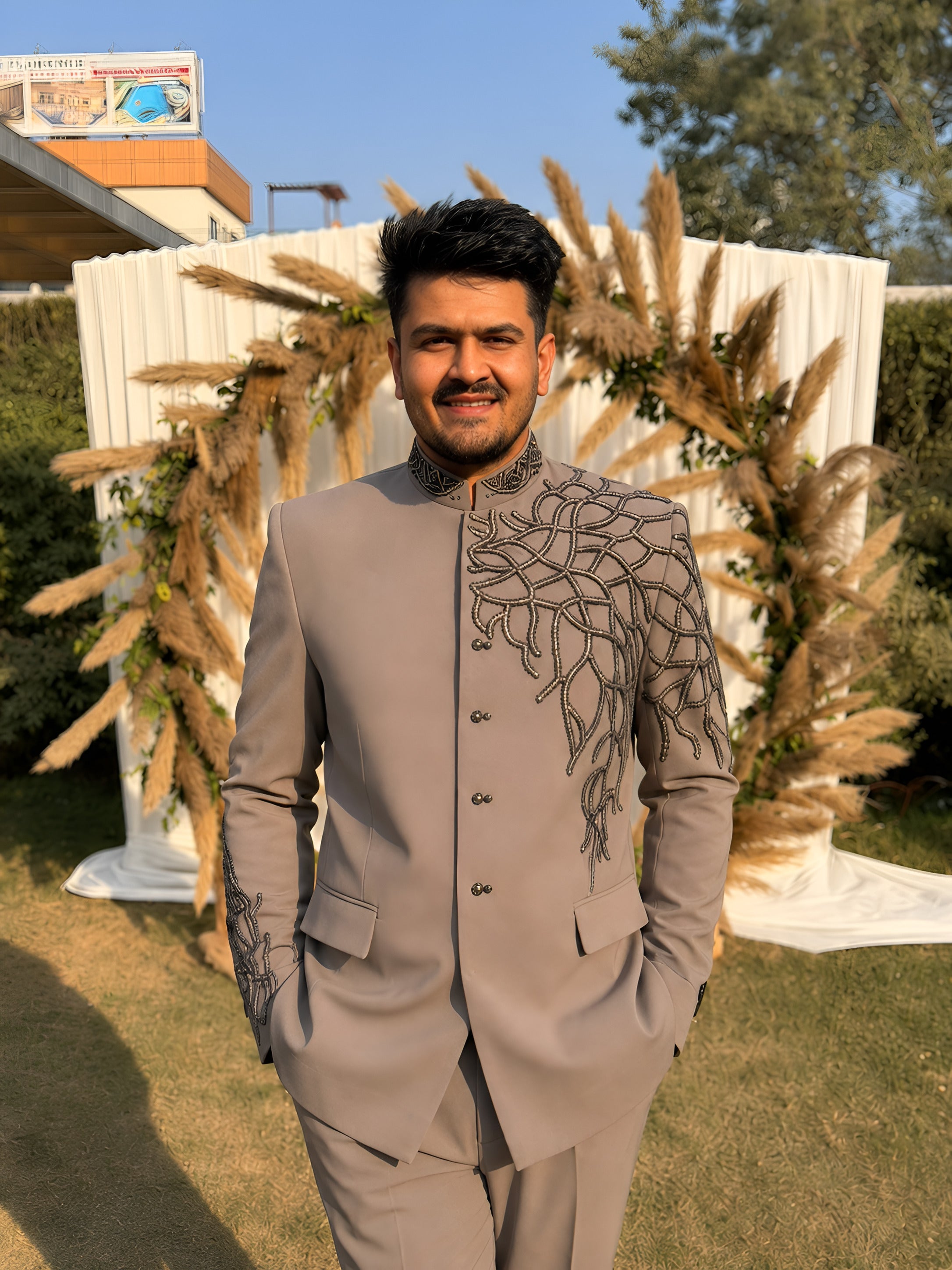 Beige Embroidered Japanese Lycra Bandhgala Set