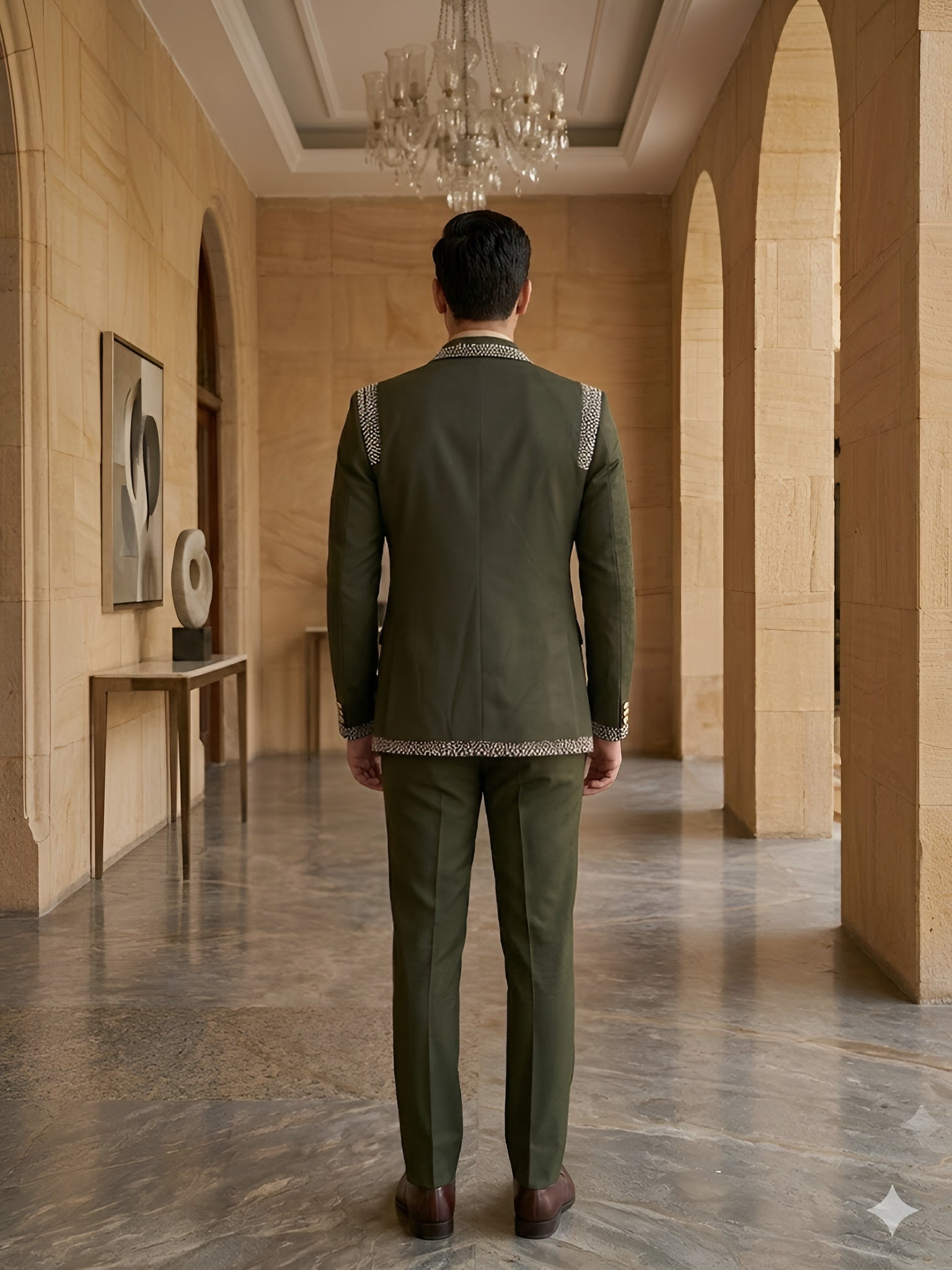 Olive Embellished Shawl Lapel Suit Set