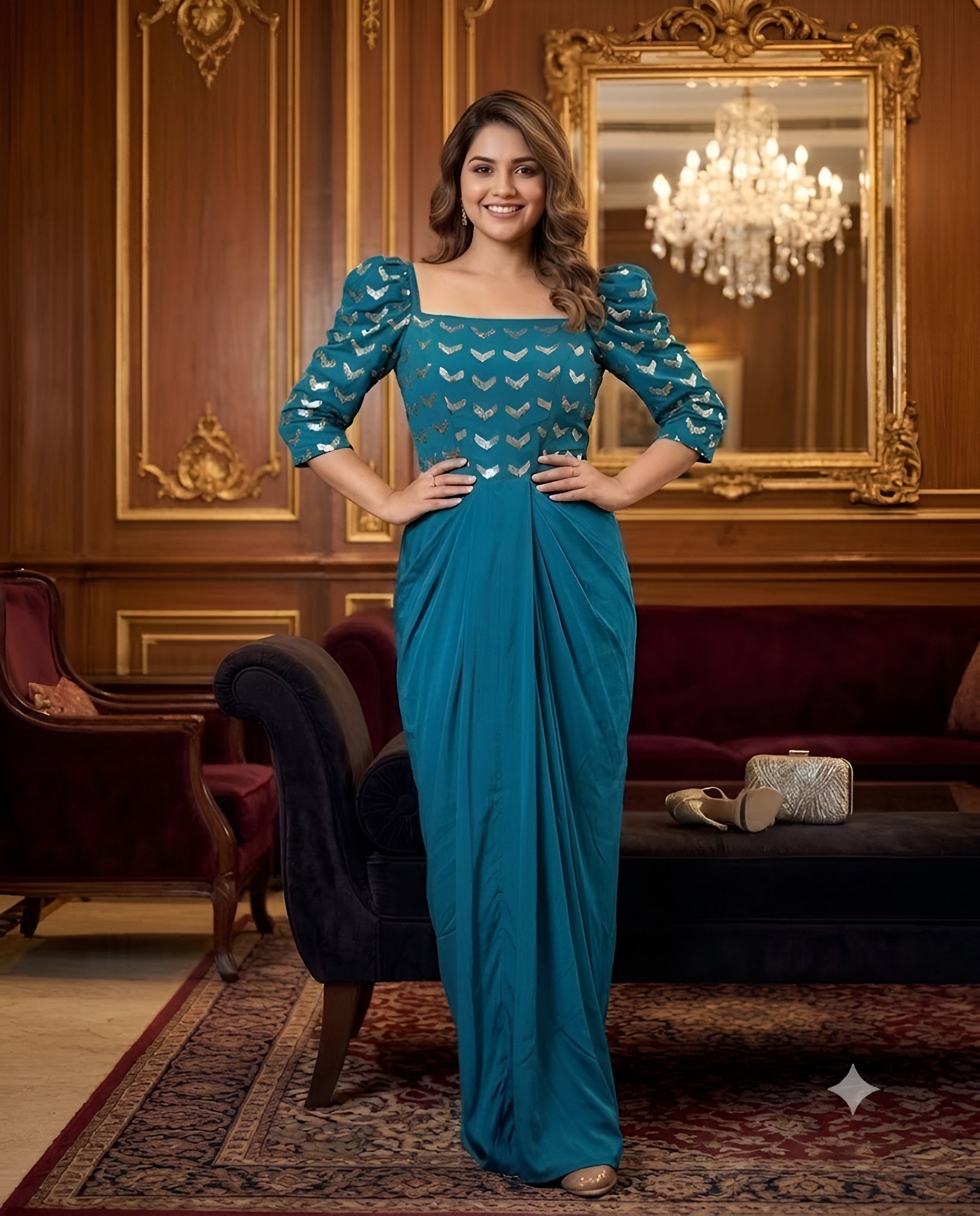 Peacock Blue Embroidery Drape