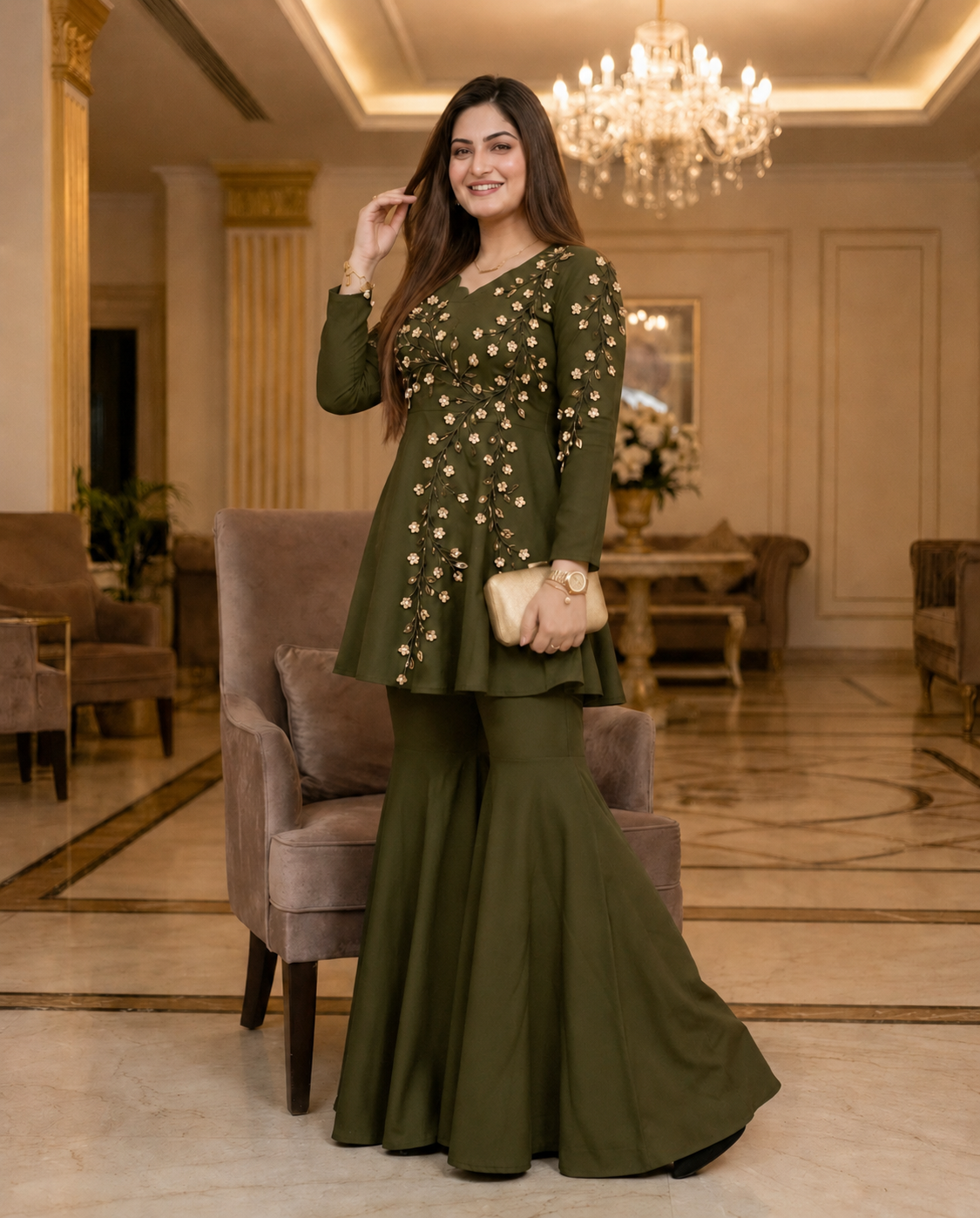 Olive Embroidered Garara Suit