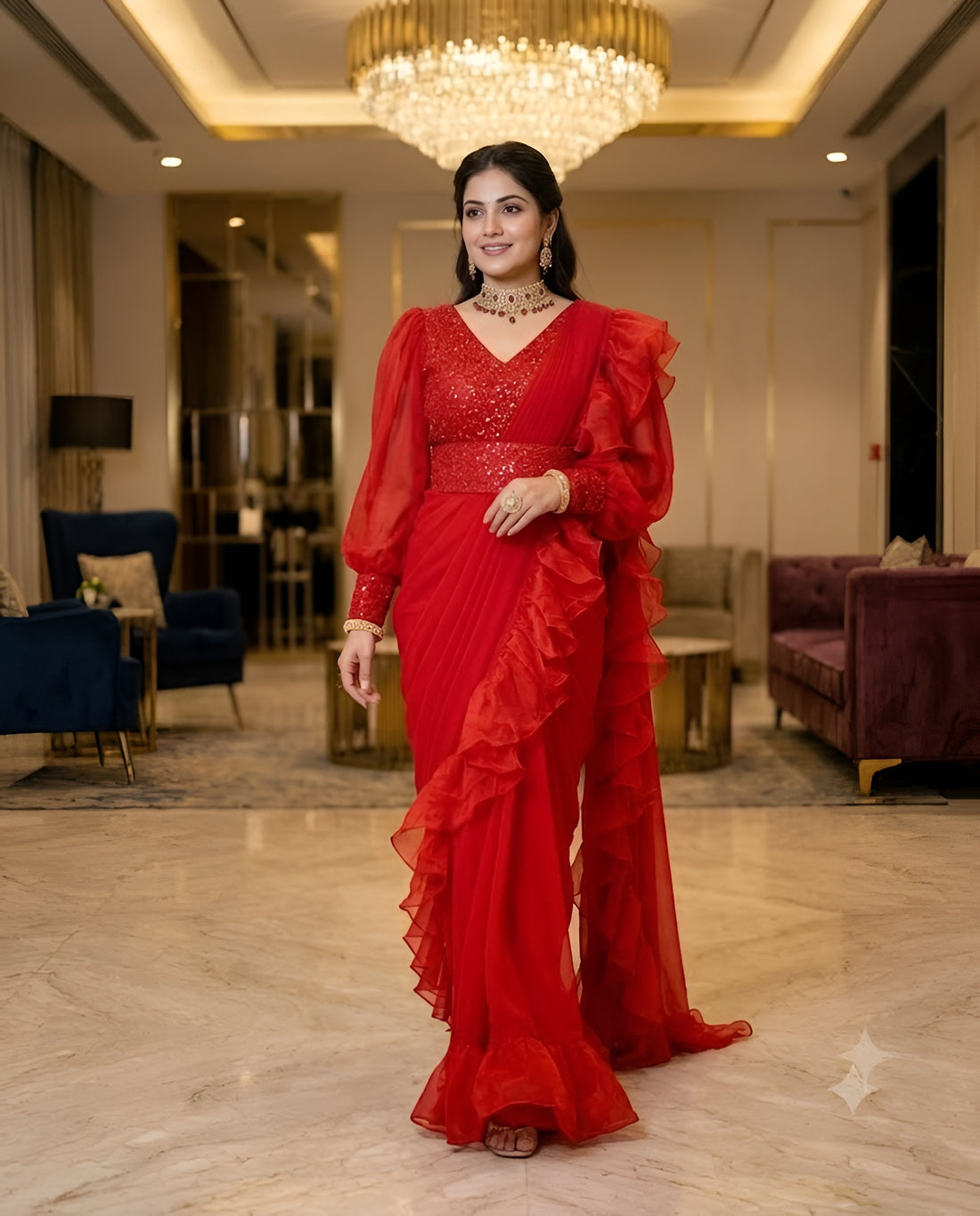 Red Phulkari Drape Saree