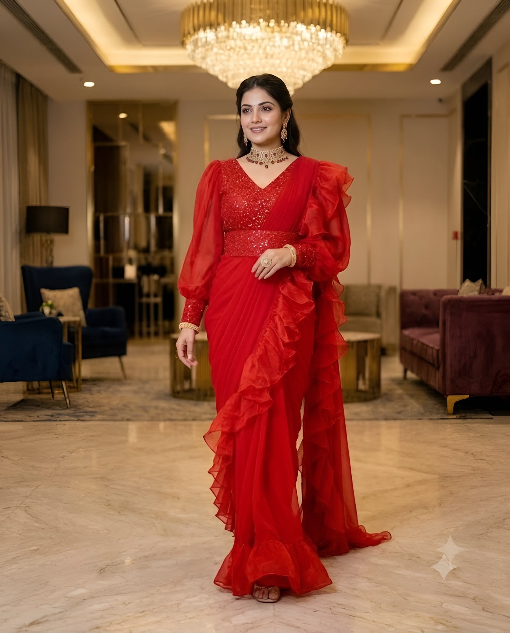 Red Phulkari Drape Saree