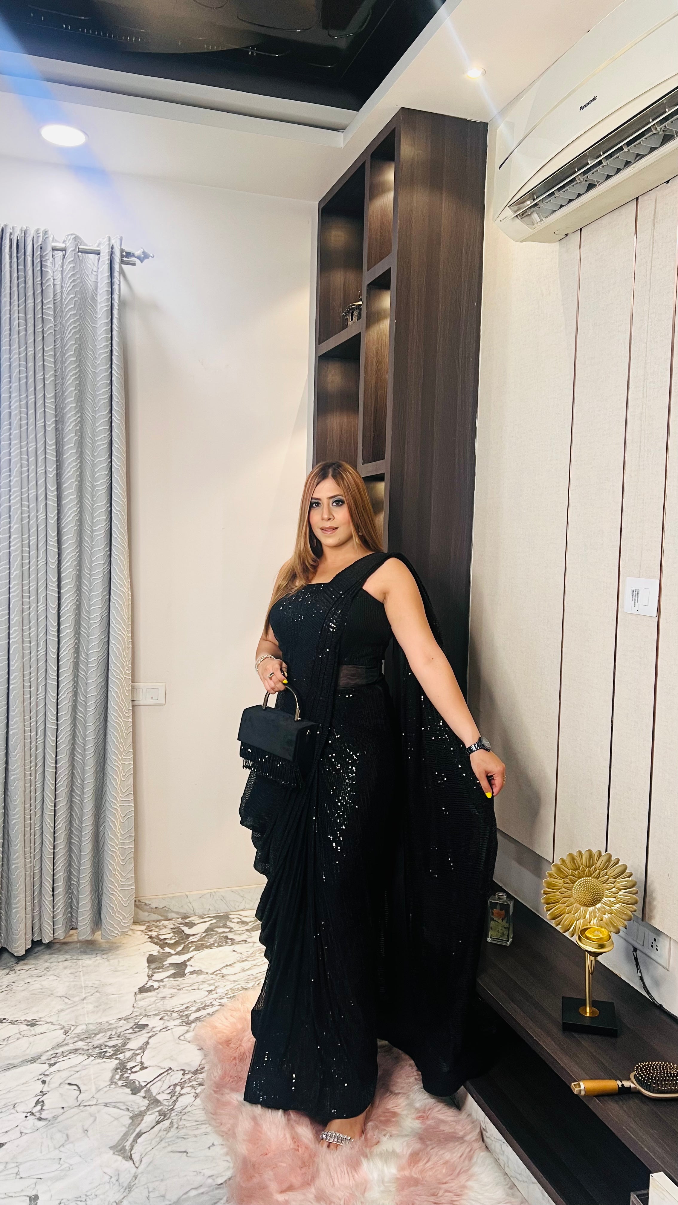 Black Sequin Saree Gown