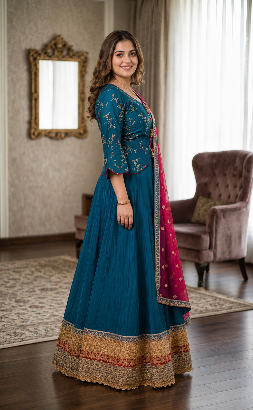 Woman in a traditional blue and red outfit standing in a room with a mirror and chair.