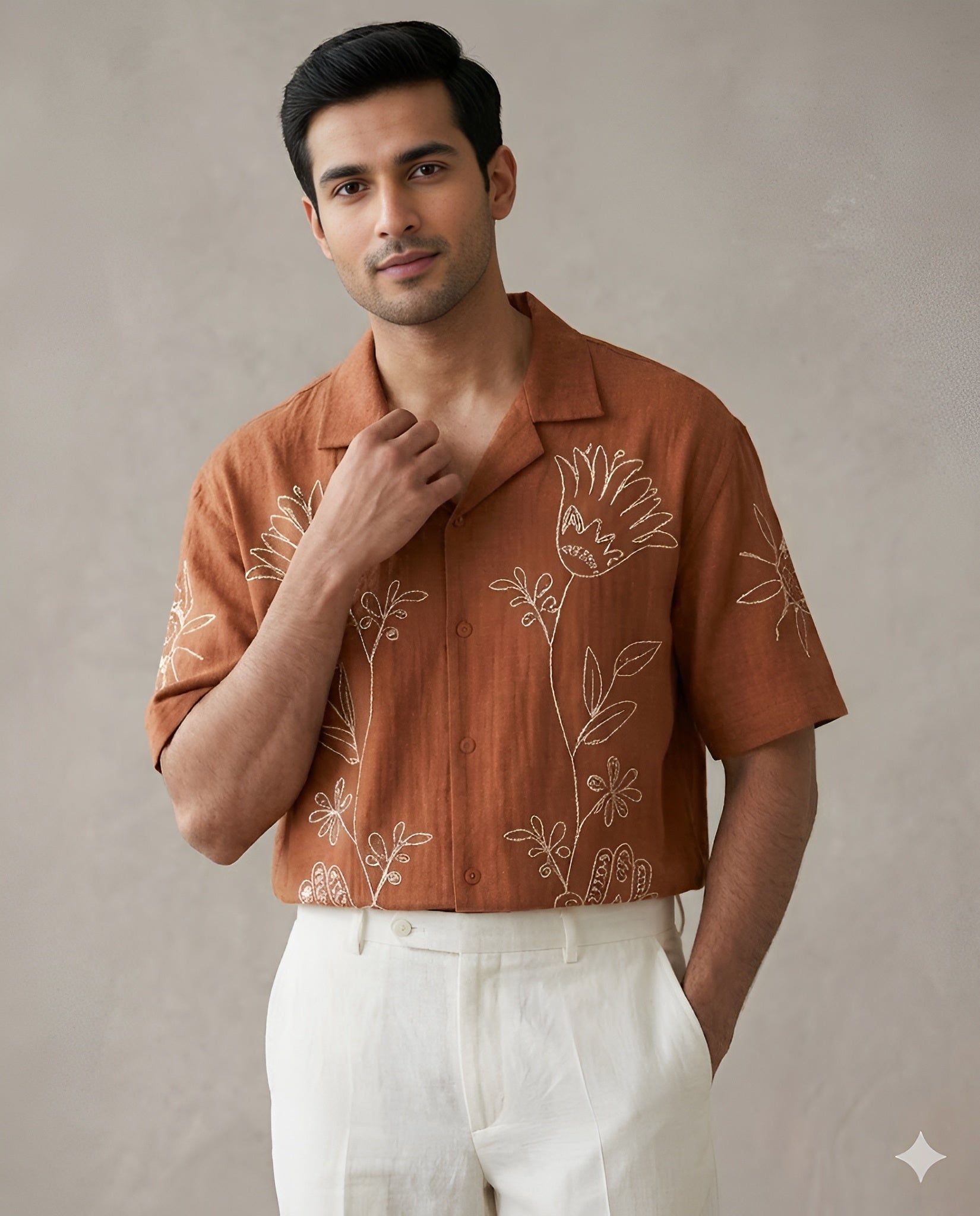 Brown Linen Crush Embroidered Shirt