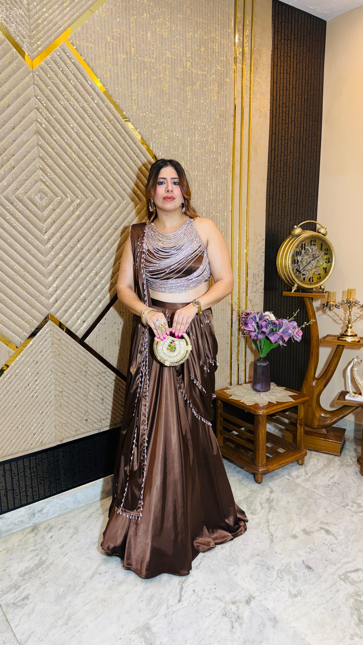 Moonlit Cascade Brown Designer Saree