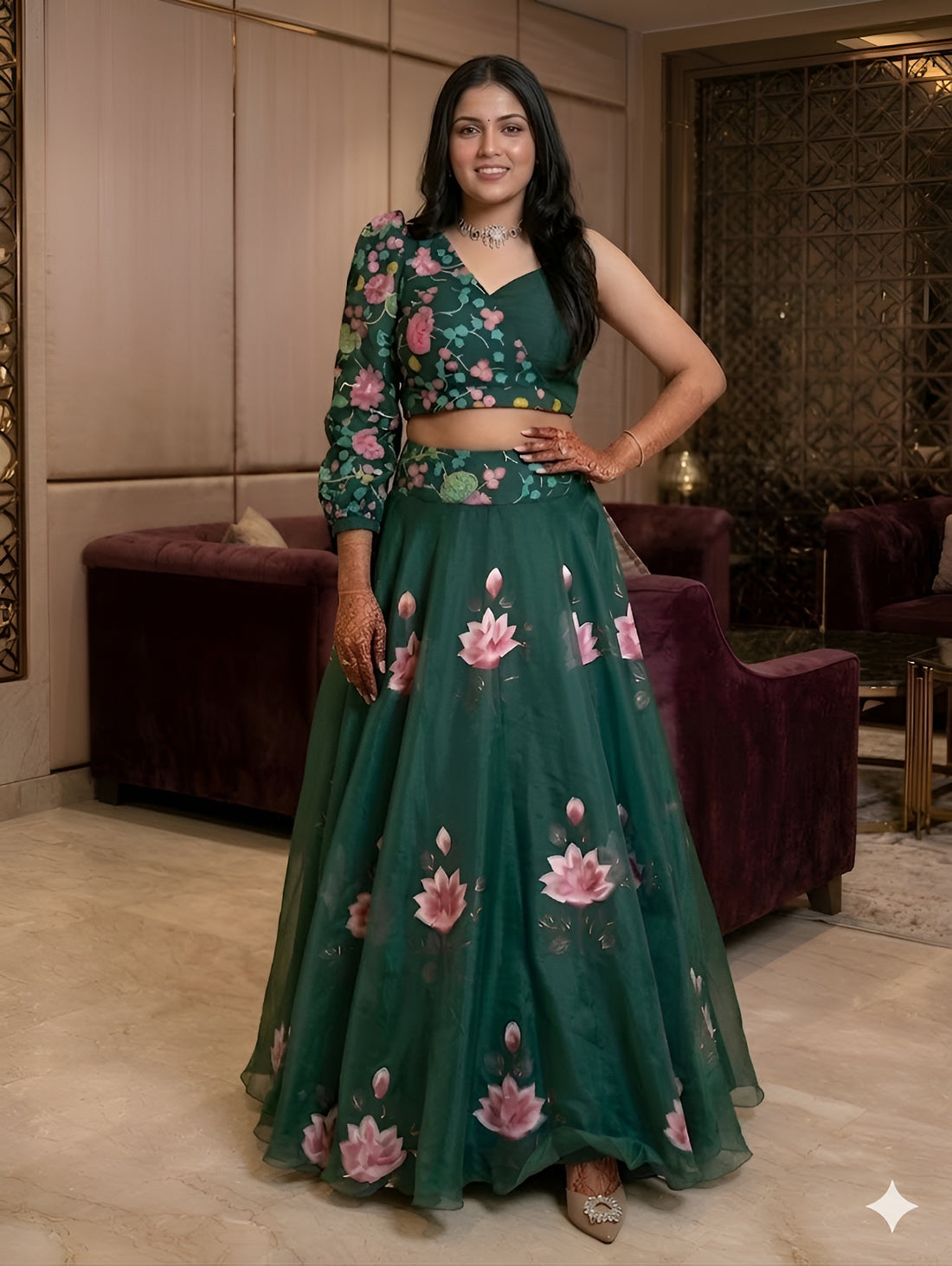 Bottle Green Handpainted Lehenga