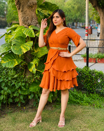 Rust V-Neck Ruffle Dress