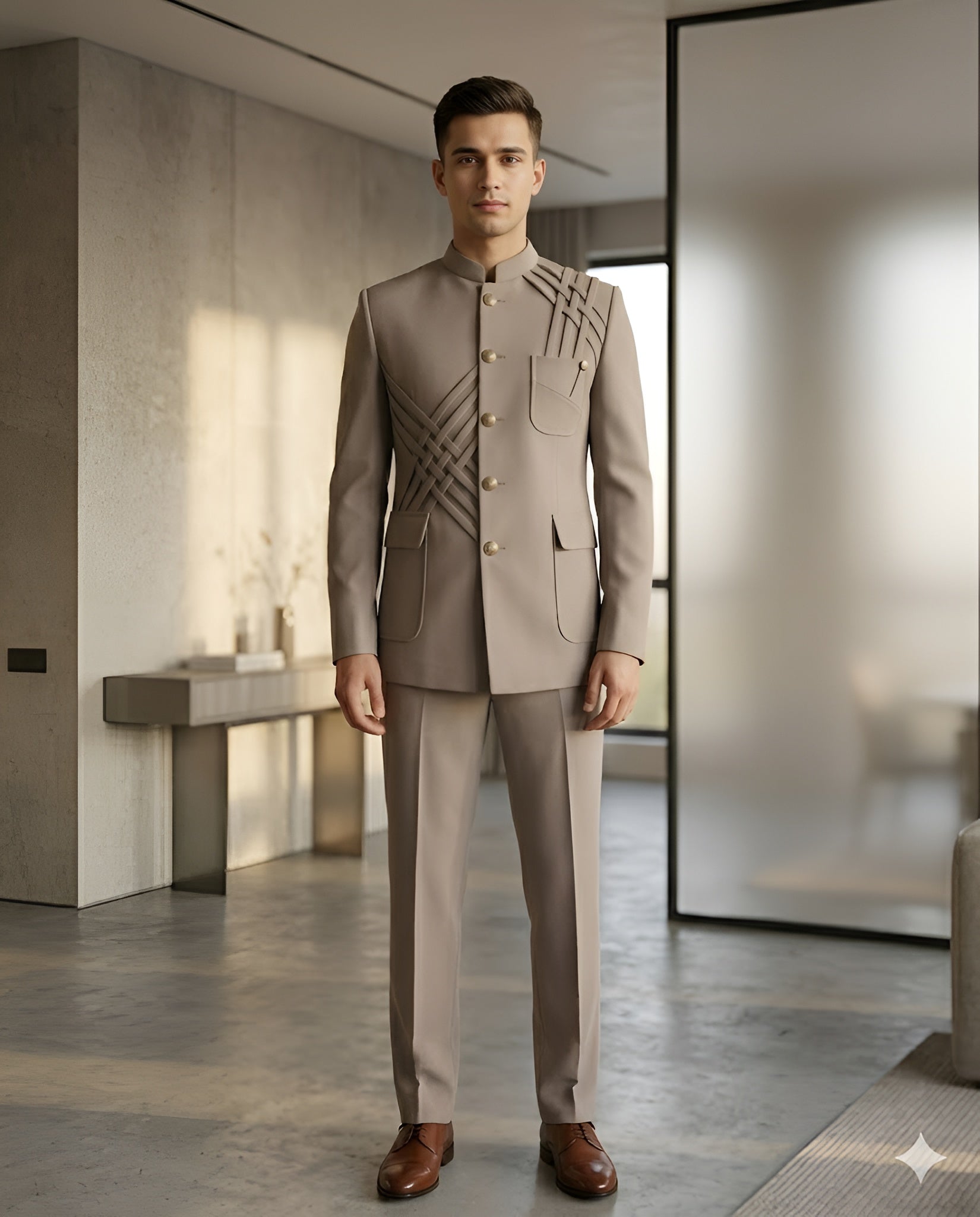 Beige Designer Bandhgala Suit Set