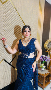Midnight Cascade Navy Blue Saree