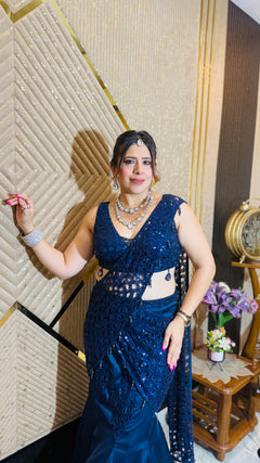 Midnight Cascade Navy Blue Saree