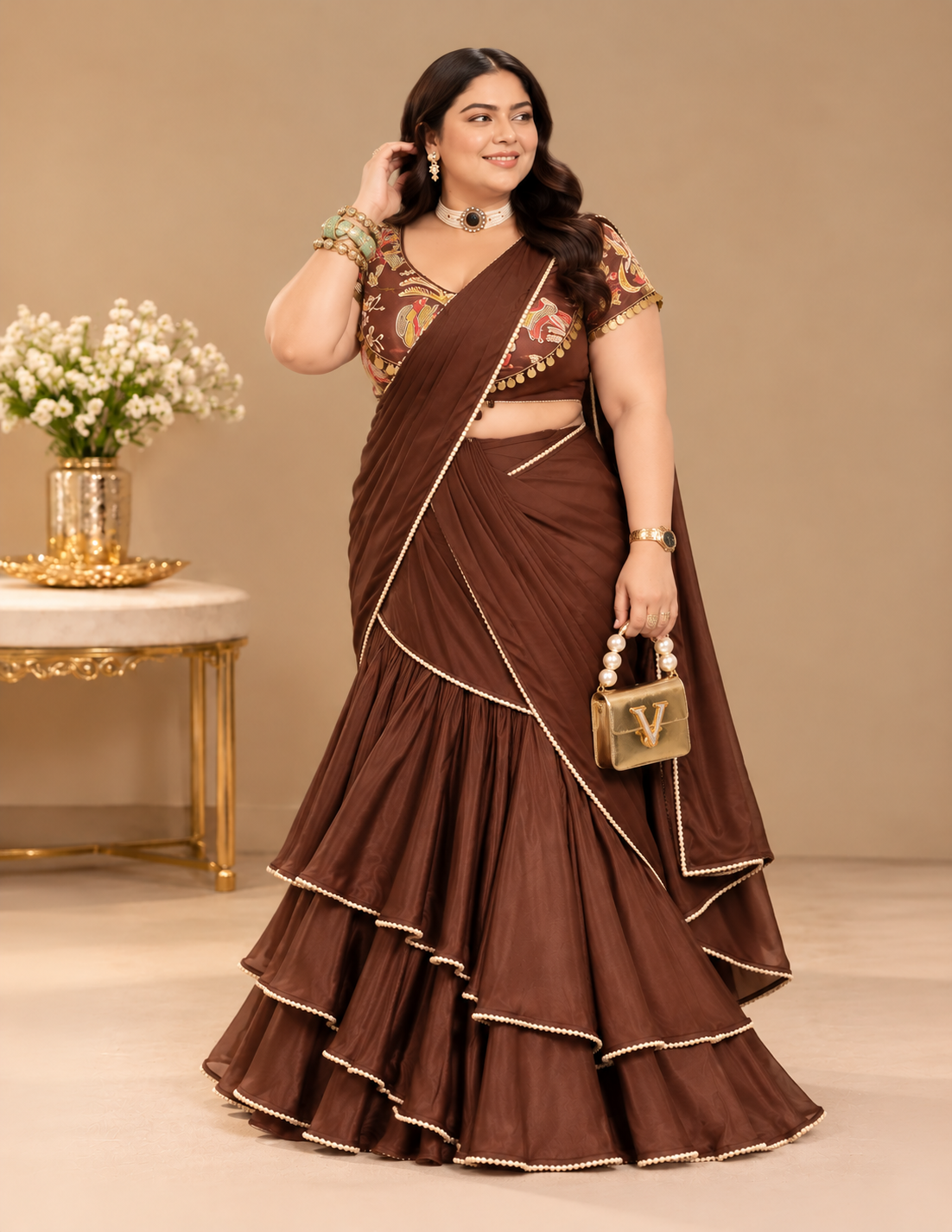 Cocoa Aviary Brown Ruffle Saree