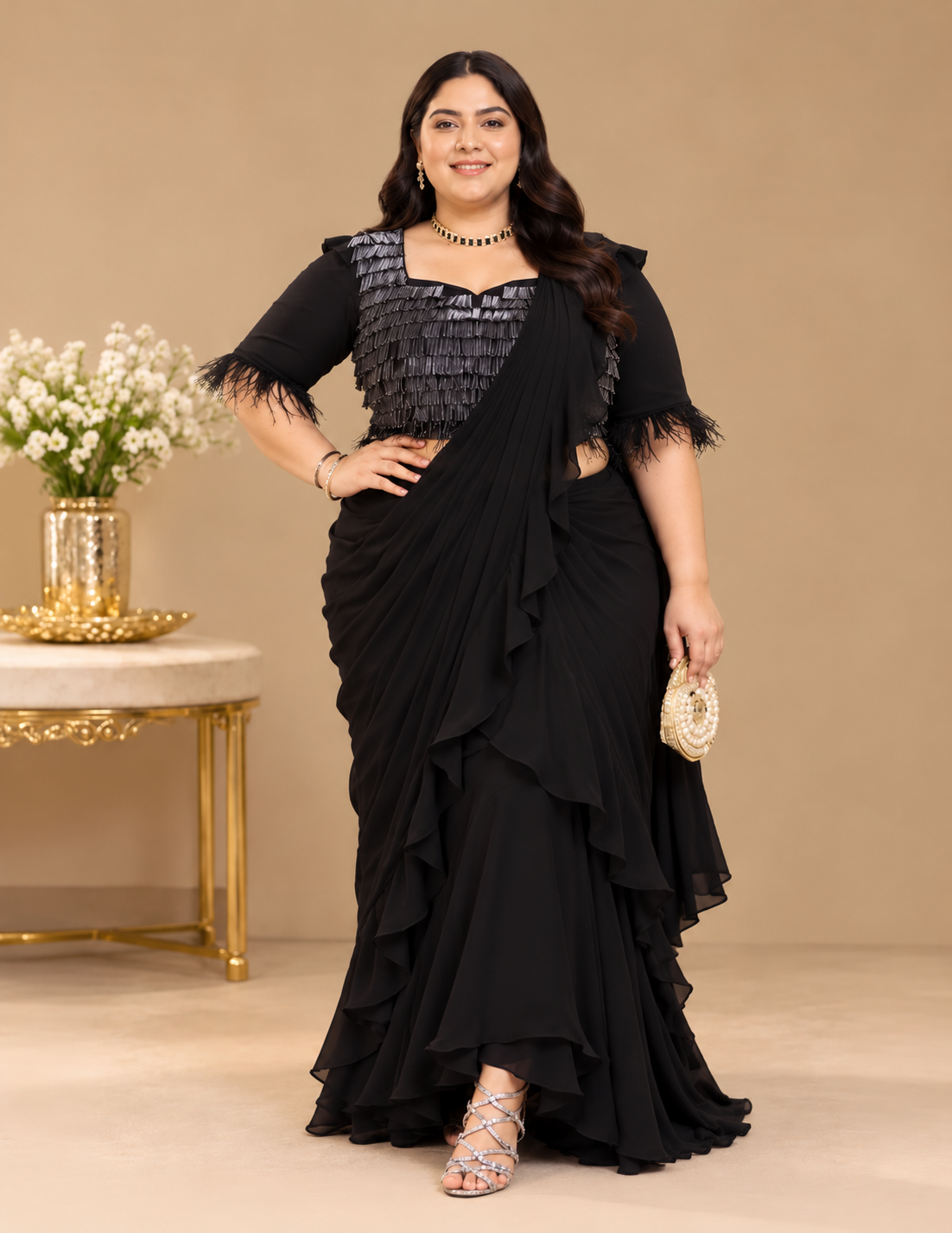 Midnight Cascade Black Ruffle Saree