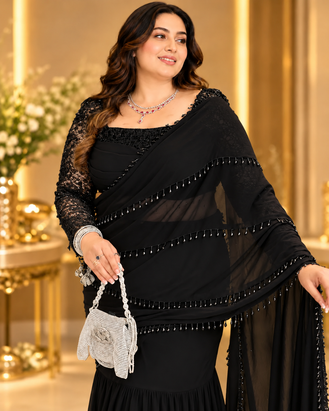 Midnight Beaded Cascade Black Saree