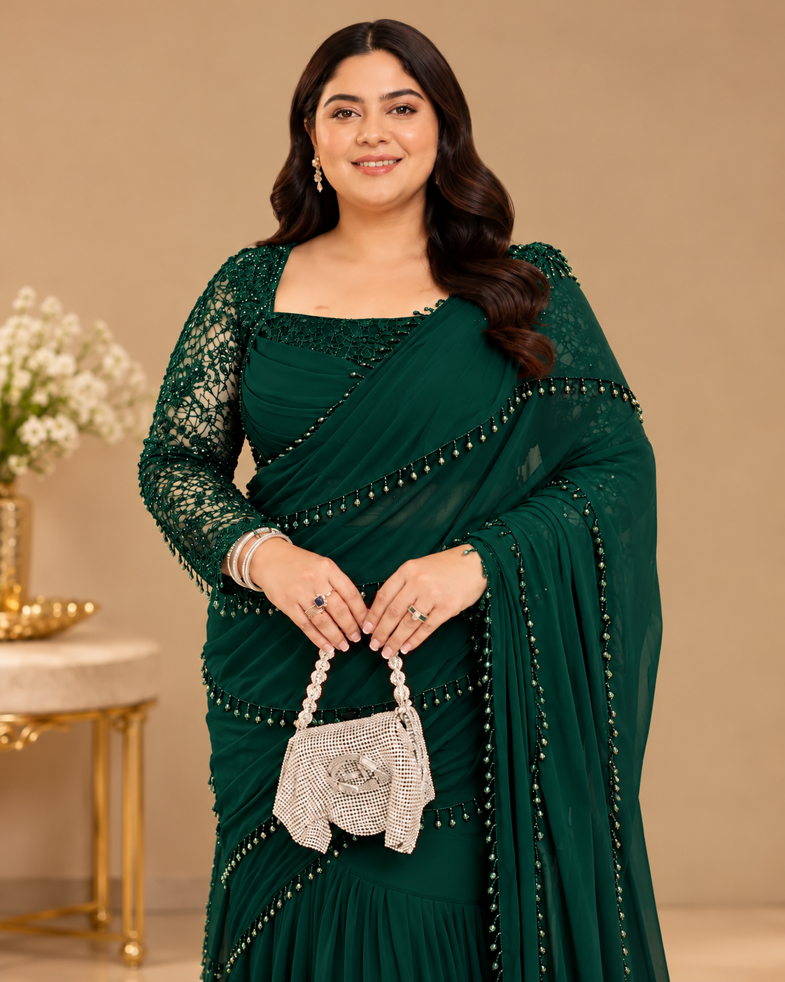 Emerald Cascade Green Ruffle Saree