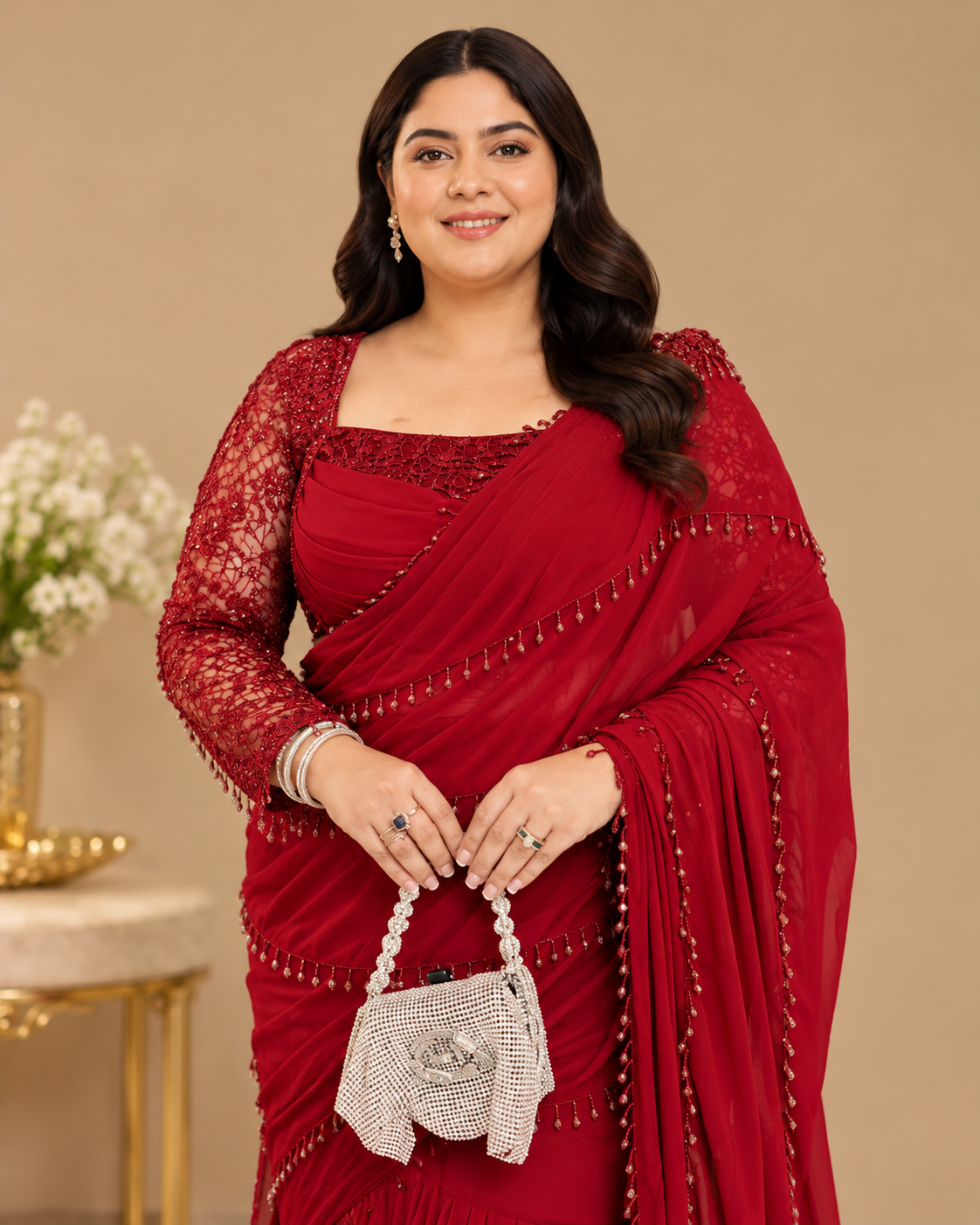 Crimson Tiers Maroon Ruffle Saree