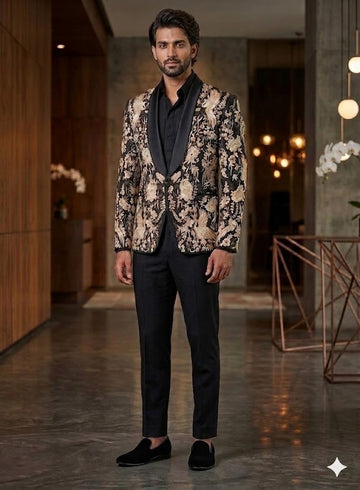 Black Gold Embroidered Shawl Lapel Suit