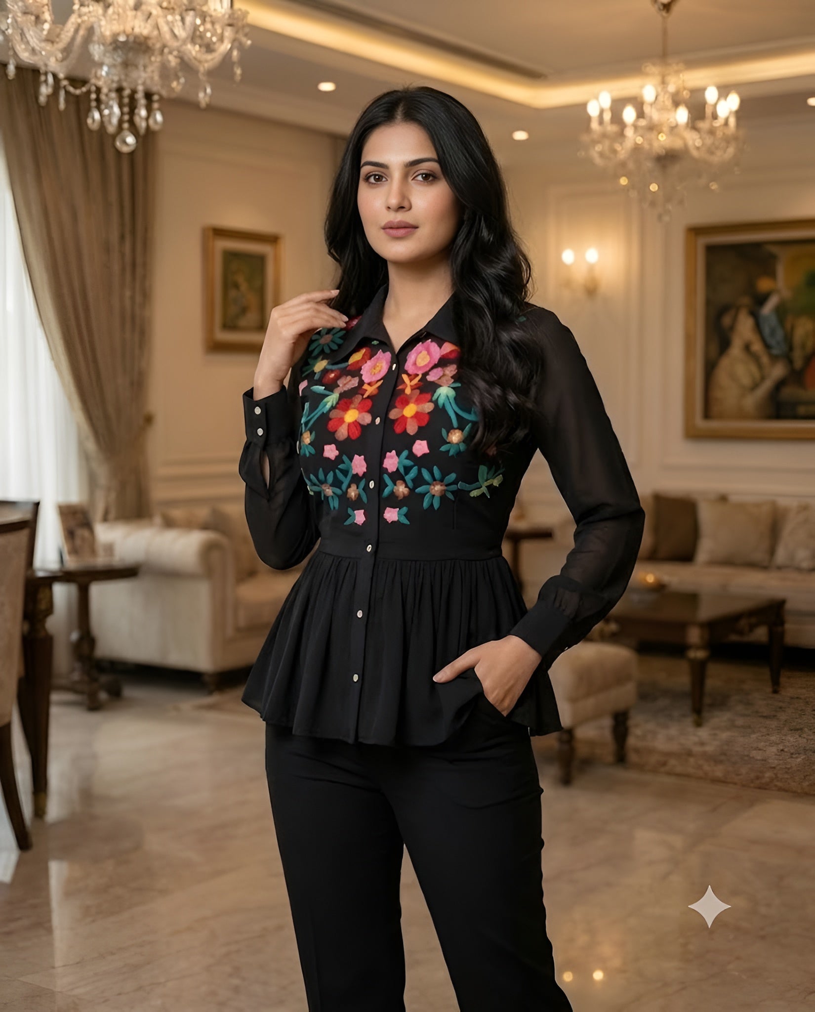 Black Floral Embroidered Shirt