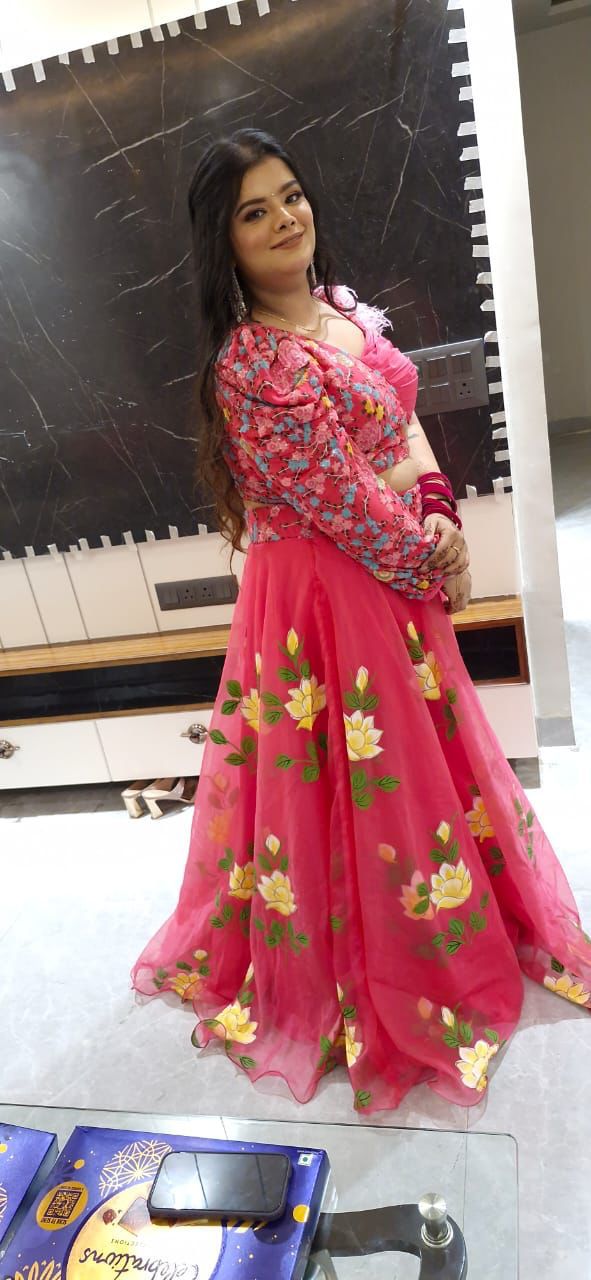 Carrot Pink Hand Painted Organza Lehenga