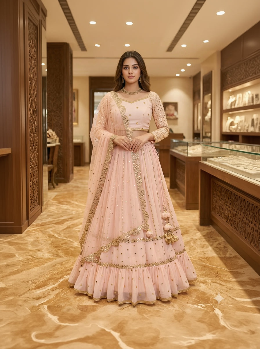 Woman in a pink traditional outfit standing in an elegant interior setting
