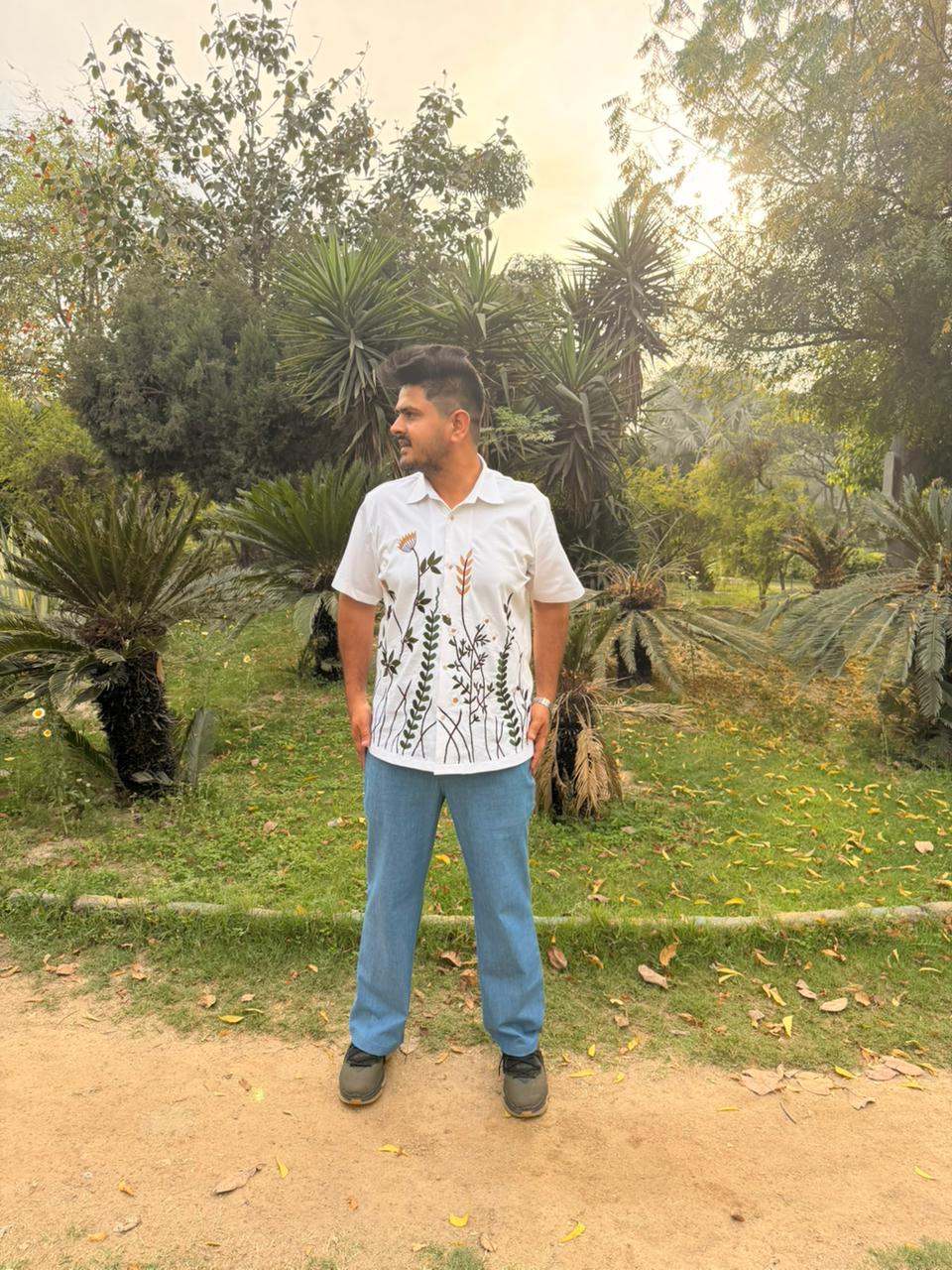 Men’s White Botanical Embroidered Shirt